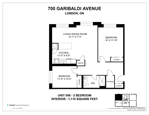 A floor plan for a 2 bedroom interior at 700 Garibaldi Avenue, London, ON.
